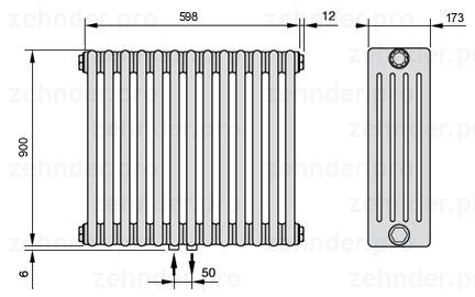 Схема (чертеж) Радиатор Zehnder Charleston 5090/13 №3470 Белый глянцевый RAL 9016